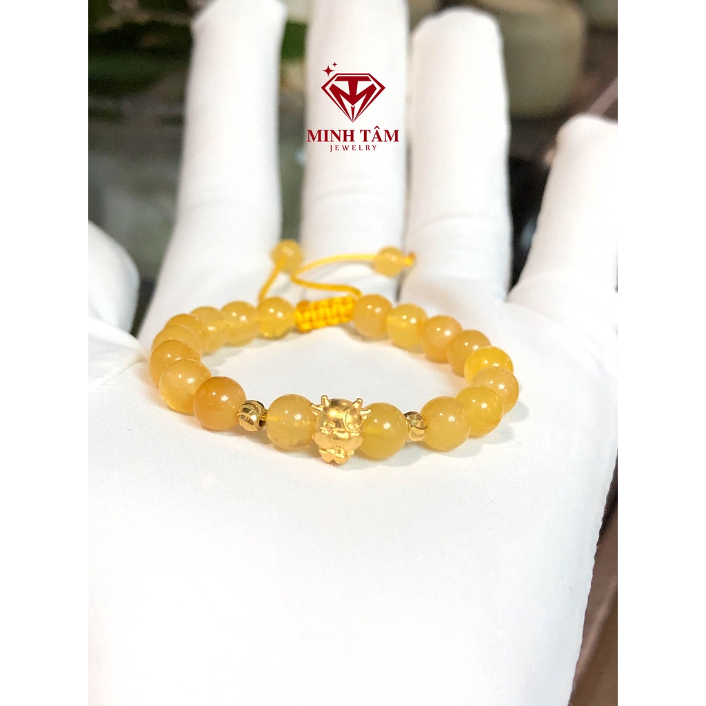 Vòng tay hổ #phách vàng bơ mix con giáp Trầu 24k, bi 10k cho bé-Minh Tâm Jewelry