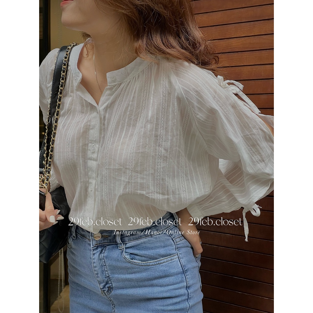 [Ảnh thật/Video] Áo sơ mi ren cổ tròn tay bồng thắt nơ - 29feb.closet- A21