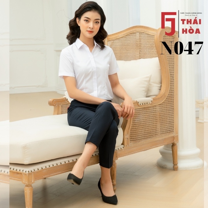 Áo sơ mi nữ tay ngắn bigsize trắng đẹp kiểu công sở cotton Thái Hoà N047-01-01 ...