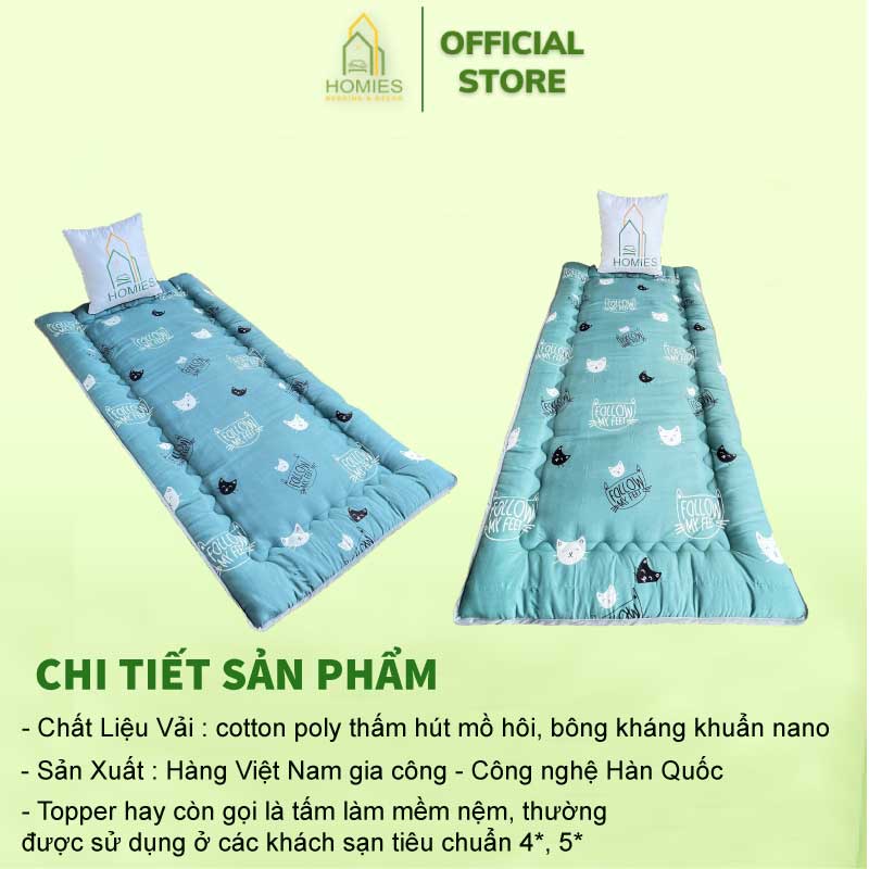 Kèm Túi Đựng - Topper nệm bông xuất Nhật HOMIES Bedding & Décor , Đệm Topper Đầu Mèo, Tấm làm mềm đệm