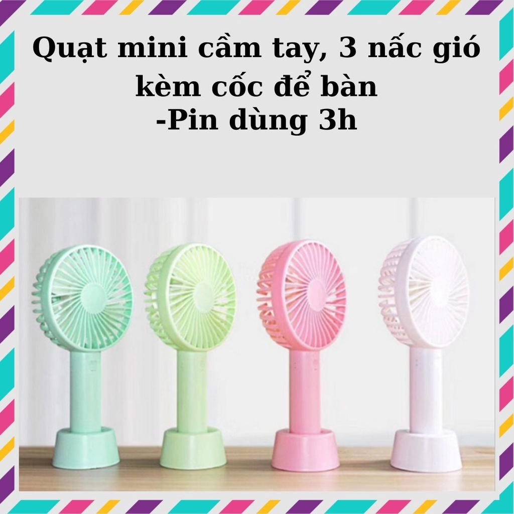 Quạt mini cầm tay, quạt cầm tay mini 3 nấc gió kèm pin + cáp sạc+ đế để bàn (N9)