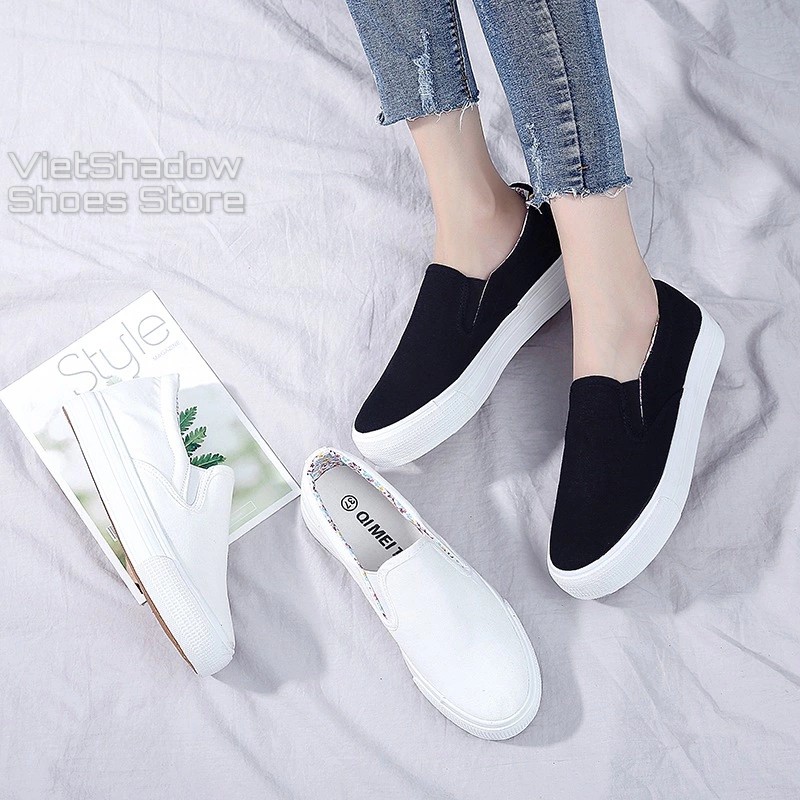 Slip on vải nữ - Giày lười vải nữ đế bánh mì - Vải thô màu (trắng) và (đen) đế trắng - Mã SP: H802