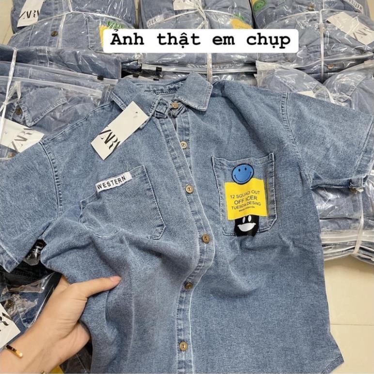 Áo bầu sơ mi bò đuôi tôm form rộng có túi- jean quảng châu mềm mịn