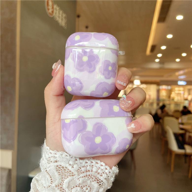 Vỏ cứng bảo vệ hộp sạc tai nghe bluetooth không dây họa tiết hoa tím thích hợp cho Apple 1/2/3