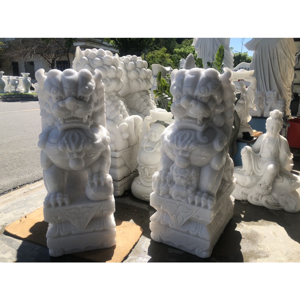 Cặp tượng Kỳ Lân phong thủy gác cổng đá trắng - Cao 80 cm