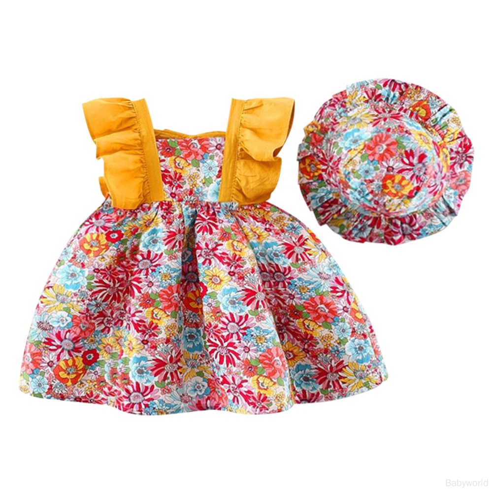 Đầm Hai Dây Họa Tiết Hoa Kèm Mũ Dáng Chữ A Xinh Xắn Cho Bé Gái