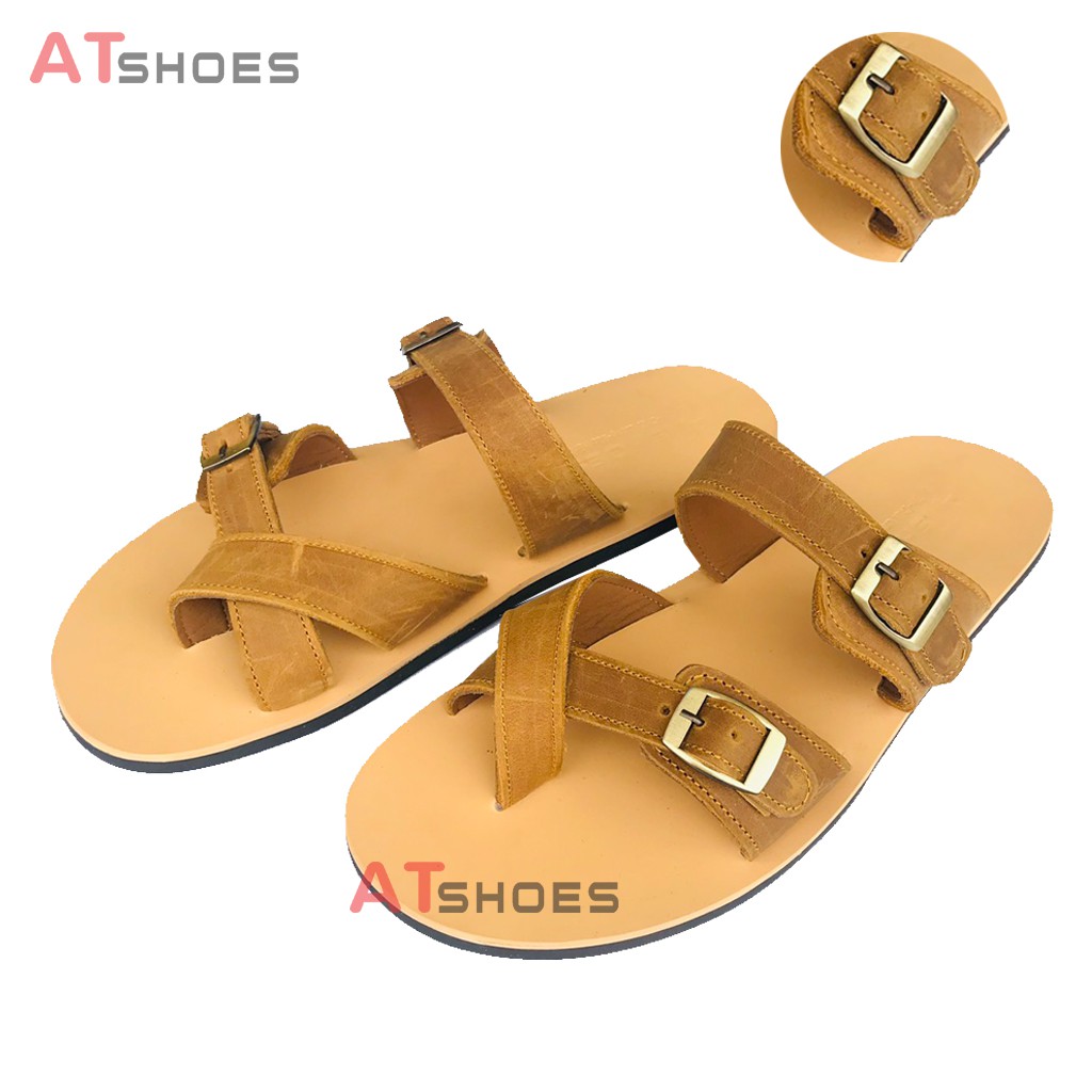 Sandal nam, dép quai ngang, dép nam da bò, không thấm nước, êm chân thoải mái Atshoes QN2M (Đen - Nâu)