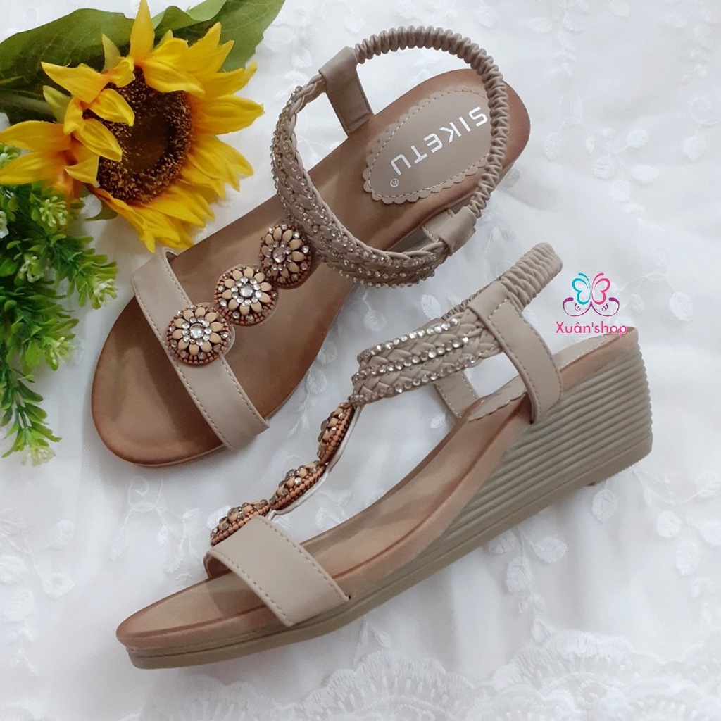 Sandal đế xuồng 5cm Siketu, quai ngang đính hạt xinh xắn (size 36-40)