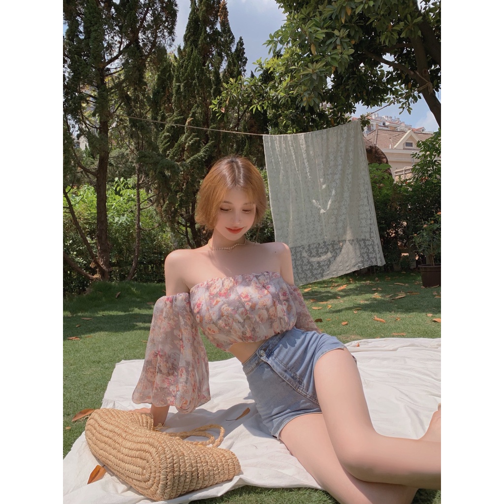 Áo hoa áo ống trễ vai tay bồng dáng croptop tiểu thư cực xinh AH03