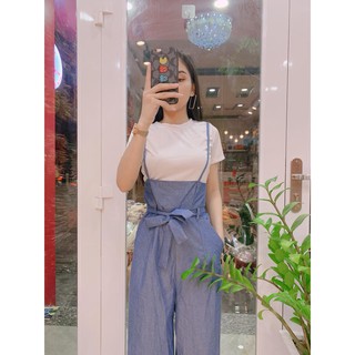 Set quần yếm demi ống rộng thắt nơ eo kèm áo thun trắng