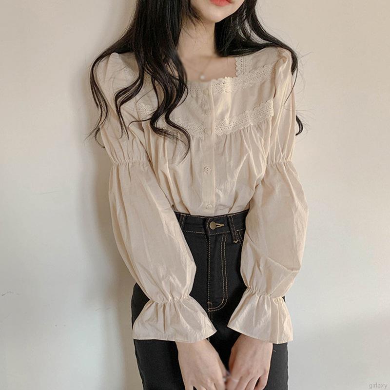 Áo Kiểu Tay Dài Cổ Vuông Phối Ren Phong Cách Retro Hàn Quốc Dành Cho Nữ | BigBuy360 - bigbuy360.vn
