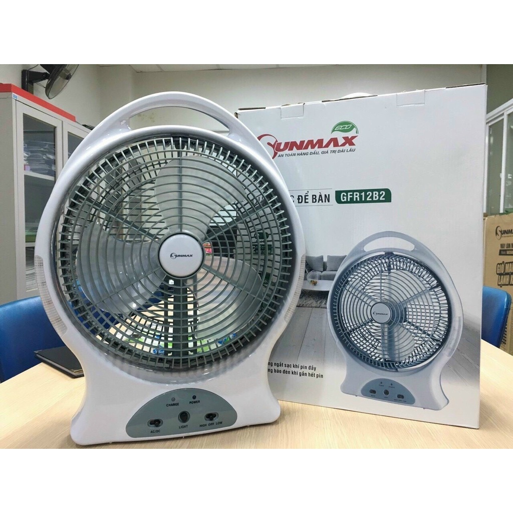 Quạt sạc tích điện Sunmax GFR12B2 tích hợp đèn chiếu sáng 2 tốc độ gió