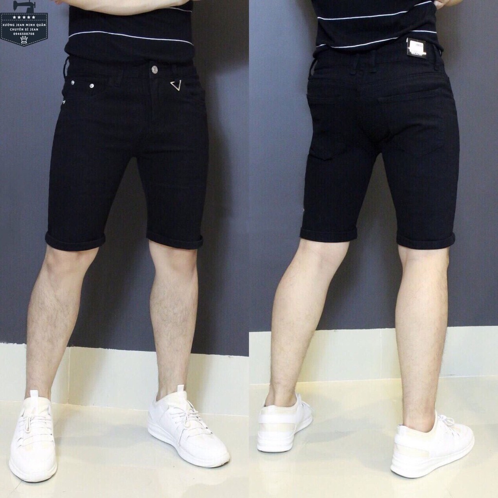 Quần short đùi jean nam đen trơn co giãn,quần lững nam đen trơn chất bò không bay màu SJN225