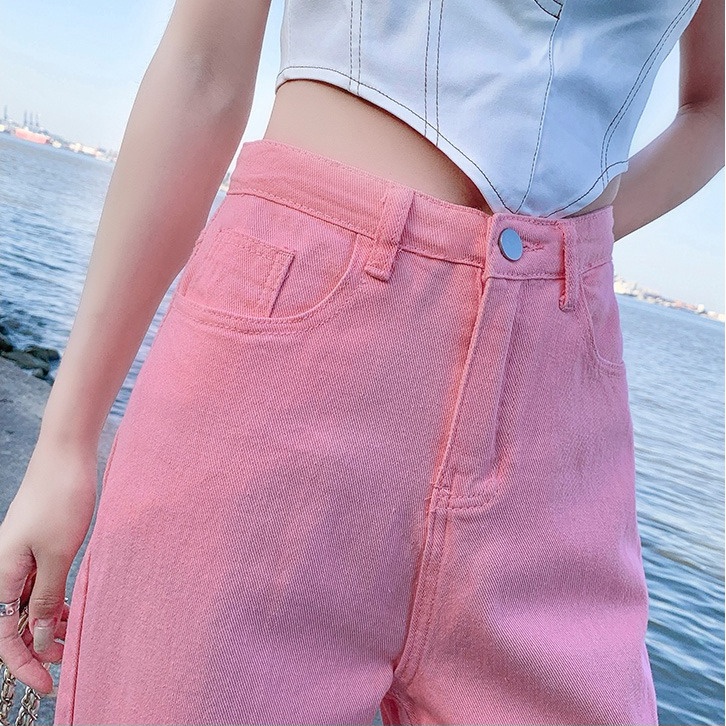 Quần jeans dài SUXI lưng cao ống rộng màu sắc đơn giản thời trang xuân hè cho nữ