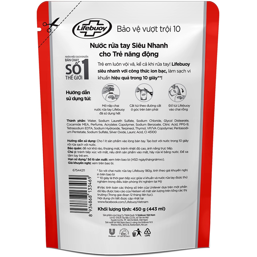 nước rửa tay lifebuoy túi mới 450g bảo vệ khỏi vi khuẩn