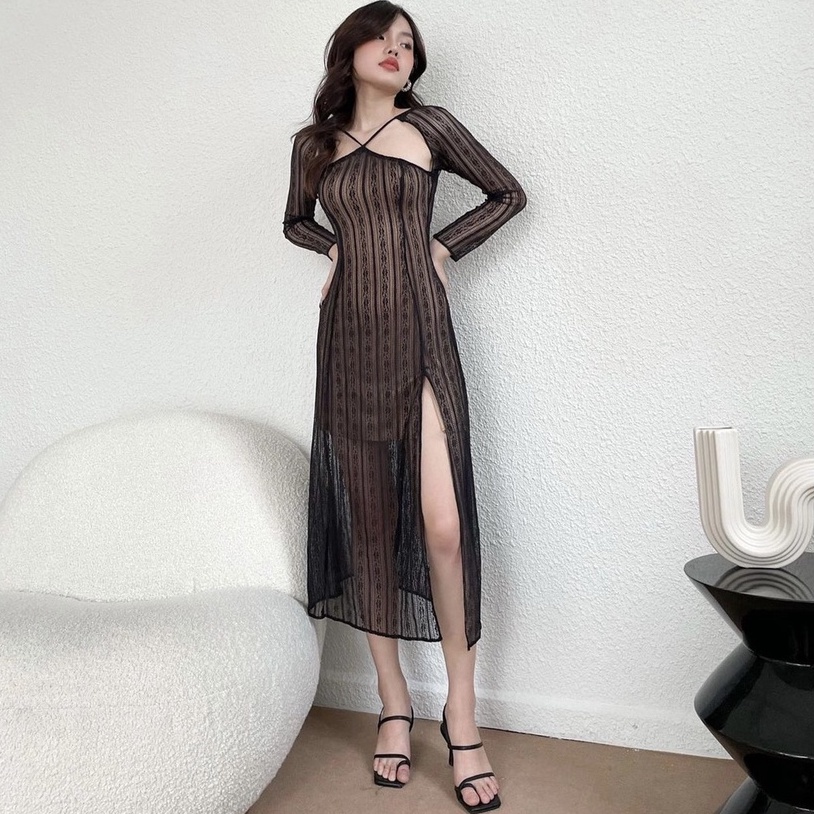 Đầm body thiết kế sexy khoét vai xẻ tà dáng dài cổ yếm dự tiệc đi chơi sang chảnh