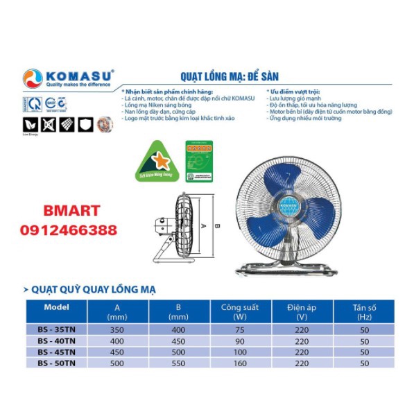Quạt sàn công nghiệp Komasu 100W dáng quỳ công suất lớn chính hãng