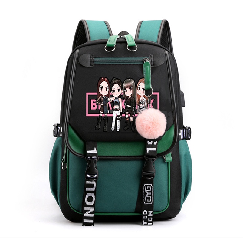 Ba Lô Đi Học / Du Lịch Cỡ Lớn In Họa Tiết Hoạt Hình BLACKPINK Kèm Sạc USB Tiện Dụng Cho Nữ