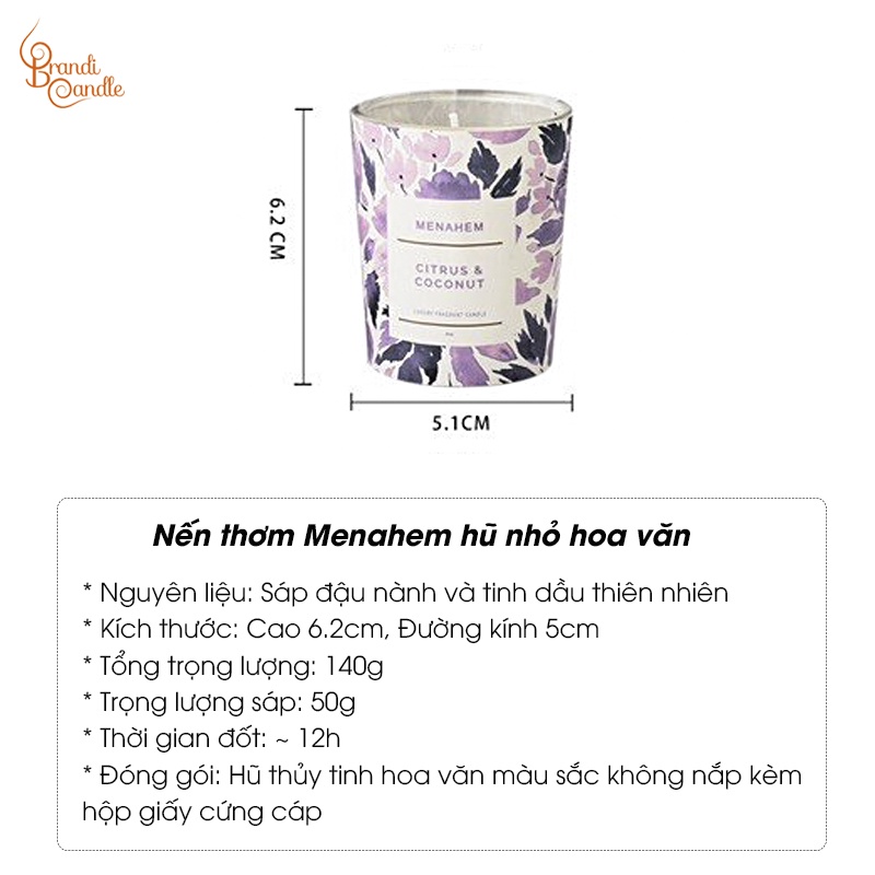 Nến thơm menahem sáp đậu nành hũ hoa văn sắc màu