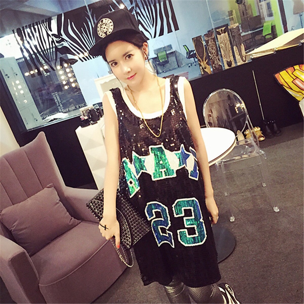 Áo Thun Hip-Hop Dáng Dài Đính Kim Sa 23 Chữ Cái Màu Đen / Bạc / Đỏ Lấp Lánh Phong Cách Jazz Cho Nữ 2047