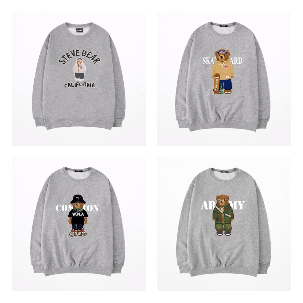 Áo sweater unisex, áo nỉ sweater form rộng Nelly Heybig chính hãng streetstyle in hình gấu cute màu xám S2