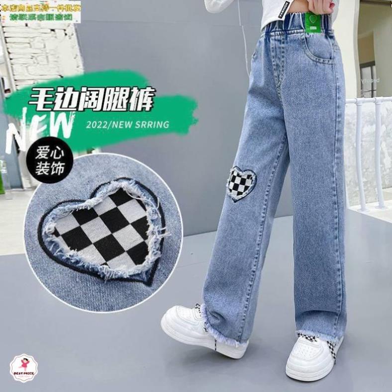 Quần jean rách cho bé gái lớn 3 - 12 tuổi☑️ Quần bò ống rộng☑️ Thời trang bé gái mập 35kg, 40kg, 45kg