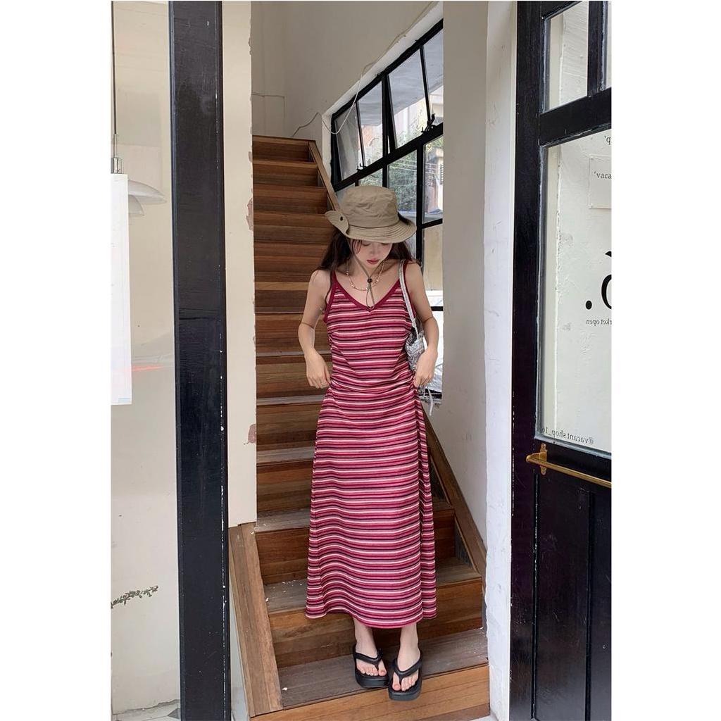 ZHELIHANGFEI Đầm Dài Hai Dây Ôm Dáng Co Giãn Họa Tiết Kẻ Sọc Cầu Vồng Cổ Điển