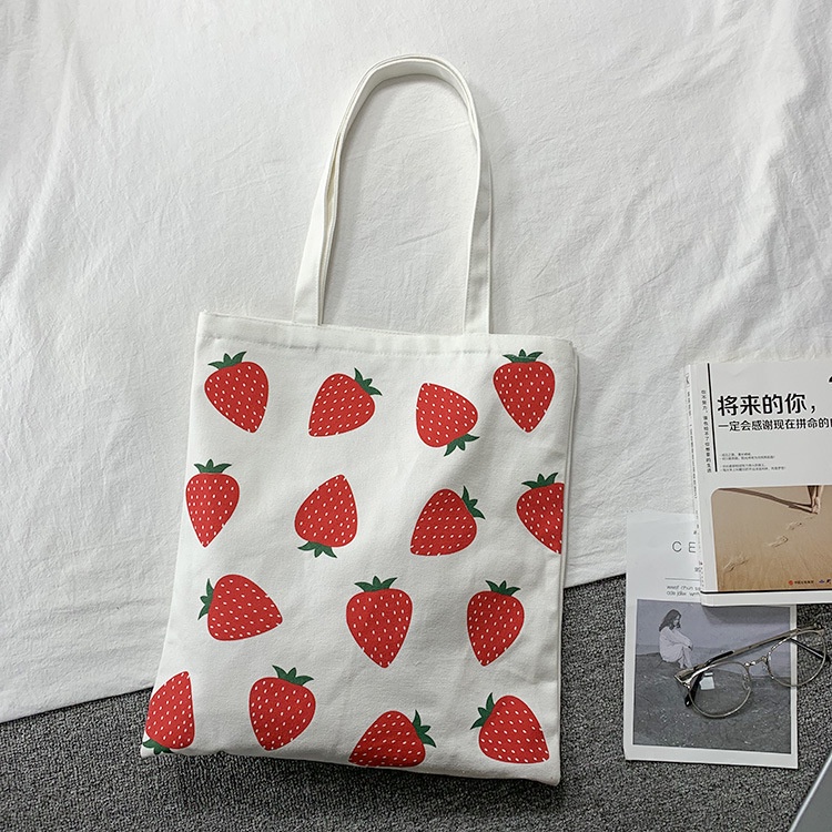 Túi Vải Canvas Đeo Vai Sức Chứa Lớn In Họa Tiết Quả Dâu Đầy Màu Sắc Cho Học Sinh