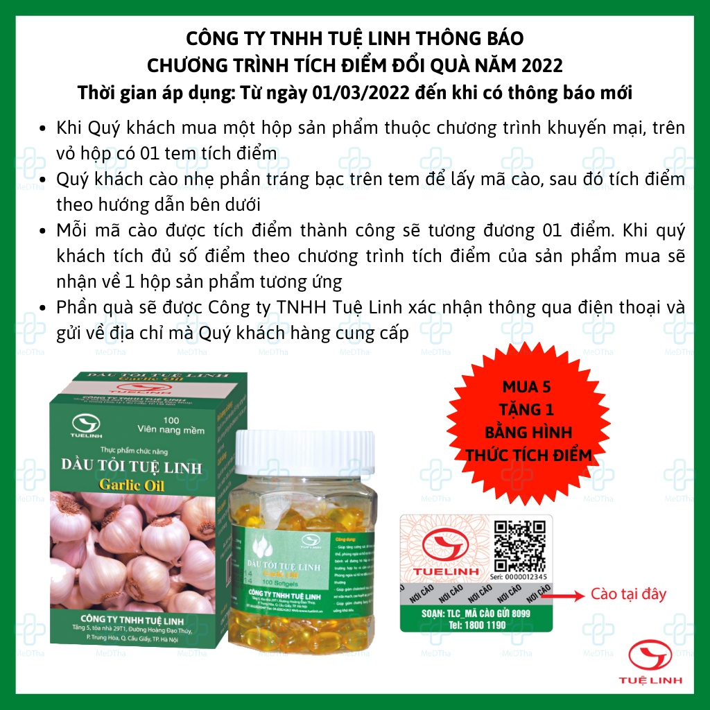 Dầu tỏi Tuệ Linh - Kiểm soát mỡ máu, giảm nguy cơ xơ vữa động mạch vành, tăng cường sức đề kháng (Hộp 100v) [Chính Hãng]