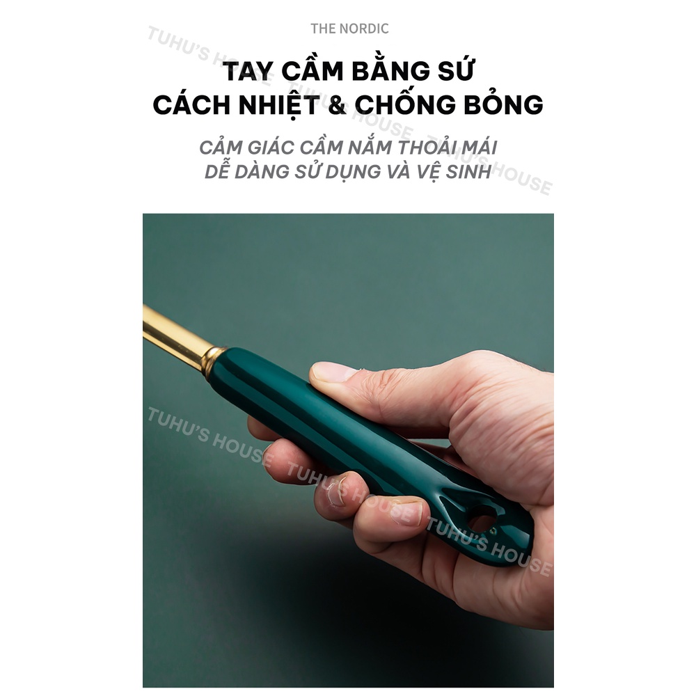 Bộ dụng cụ nhà bếp nấu ăn 7 món màu xanh cổ vịt mạ vàng cao cấp, cán sứ sang trọng chắc chắn – TUHUHOUSE