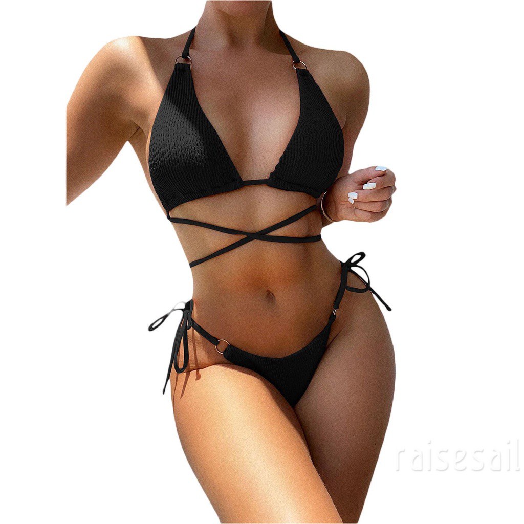 Set bikini hai mảnh màu trơn cổ yếm thiết kế buộc dây thời trang quyến rũ cho nữ