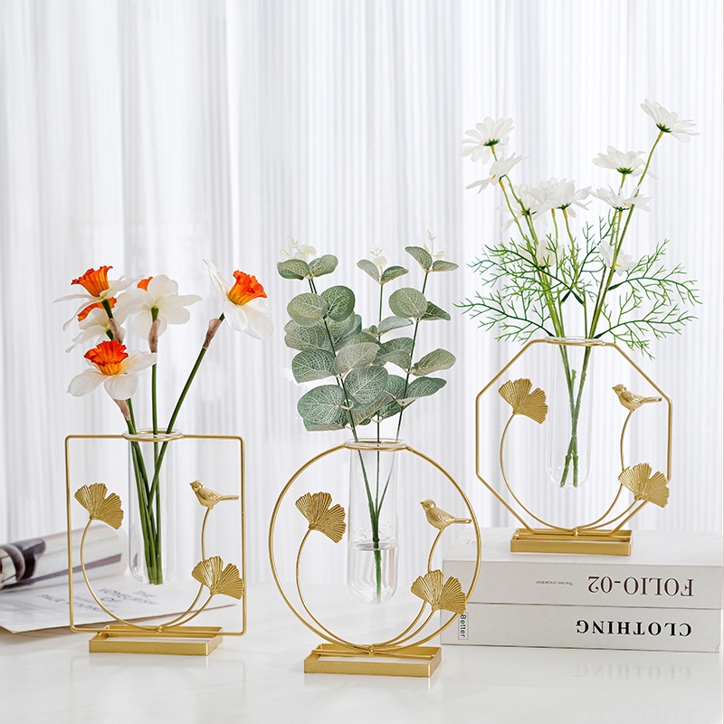 Lọ hoa nghệ thuật điểm xuyết lá và chim, trồng cây thủy sinh, mạ vàng sang trọng, decor phòng khách, phòng ngủ