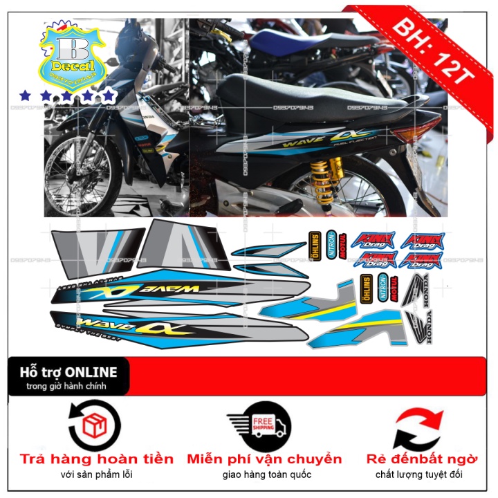 ( Quí khách vui lòng mang ra tiệm cho thợ dán ) Tem wave a 2016 xanh đen