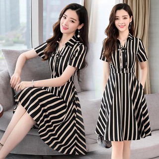[niceshop1] Đầm công sở sọc cổ sơ mi thắt dây nơ