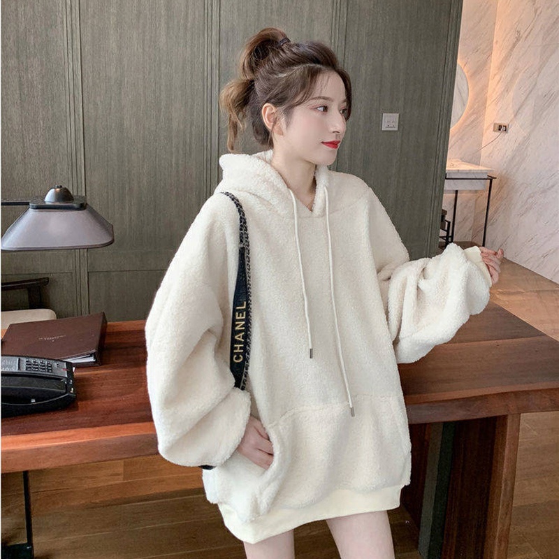 Áo Sweater IELGY Có Mũ Vải Nhung Giả Lông Cừu Dáng Rộng Dày Dặn Thời Trang Hàn Quốc Cho Nữ