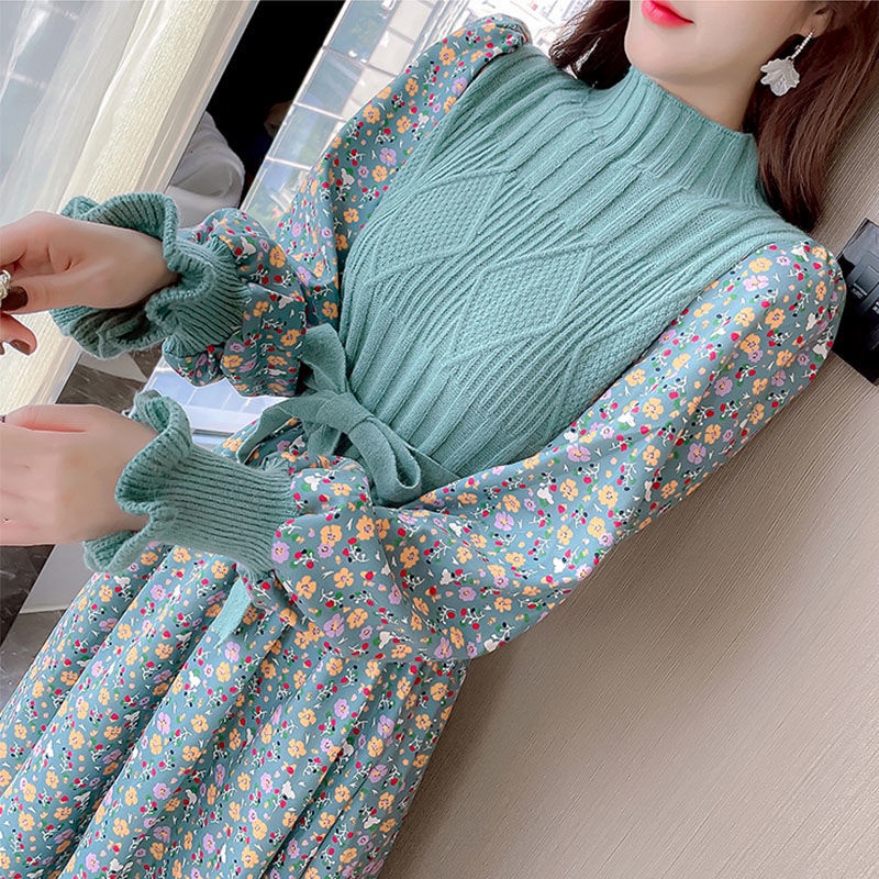 Autumn and winter Korean style stitching long knitted thin skirt fashion floral knitted dress