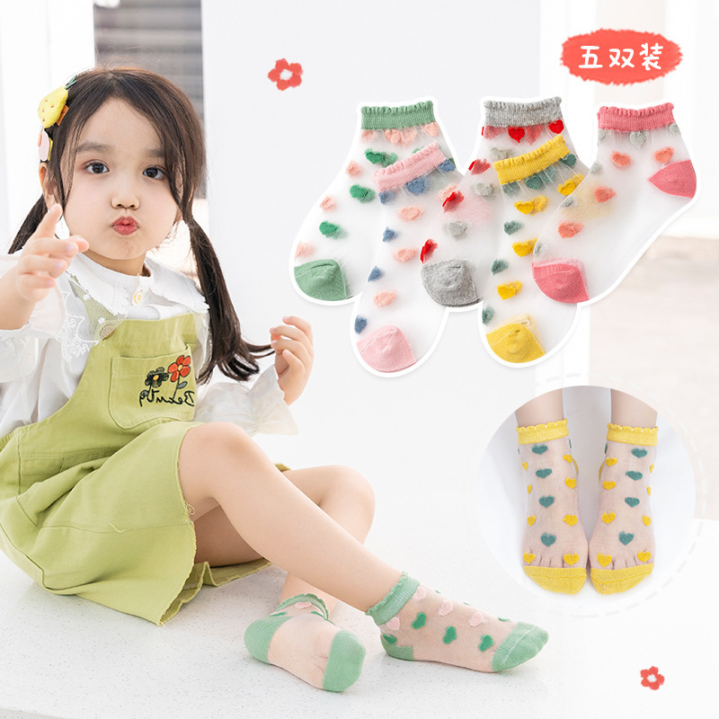 Set 5 Đôi Vớ Công Chúa Thêu Hình Trái Tim Xinh Xắn Cho Bé 3-8 Tuổi