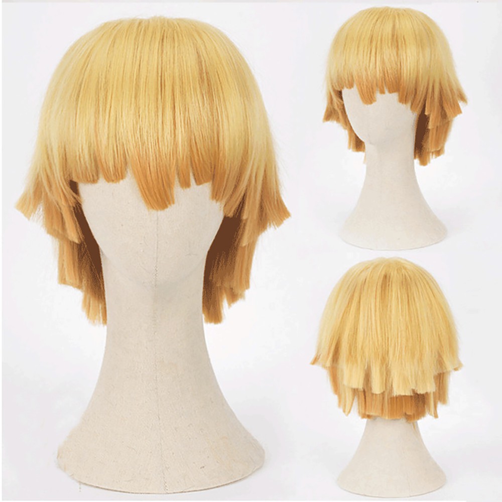 EPOCH High Quality Anime Synthetic Wigs for Theme Party Curly Short Hair Agatsuma Zenitsu Cosplay Wigs Men Yellow Gradient Orange with Hairnet High Temperature Fiber for Demon Slayer Costume