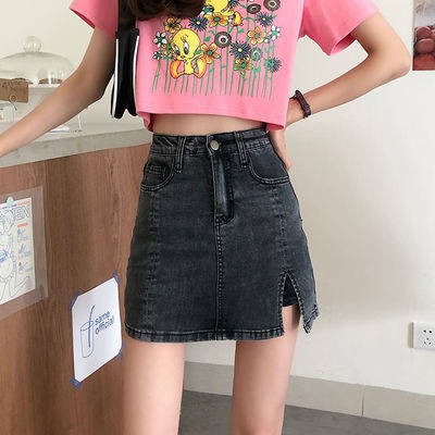 chân váy denim chữ a VPY Xẻ Tà Kết thúc Tấn Cả Phù Lời nói Phụ kiện Nữ