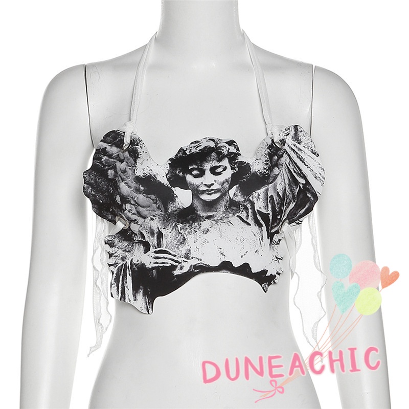 DUNEA Áo kiểu giả da không tay hở lưng gợi cảm dành cho nữ