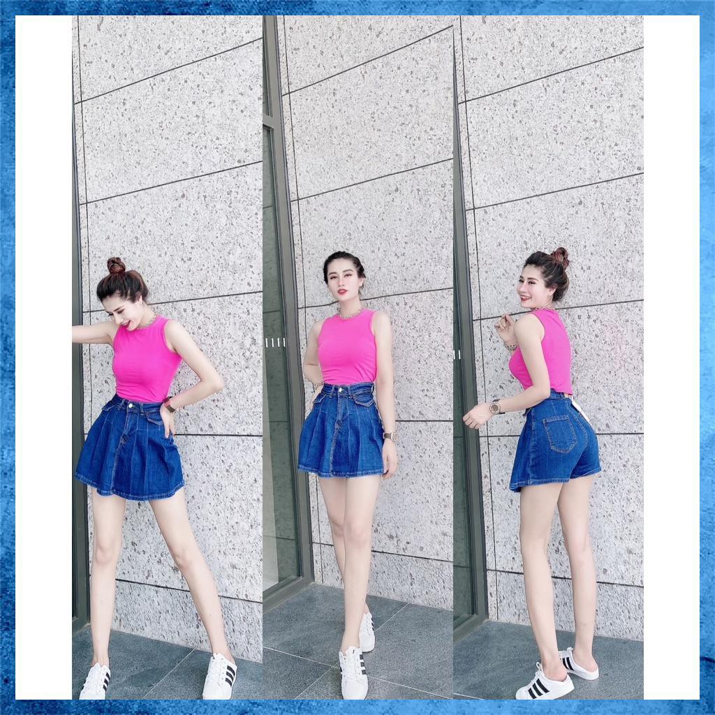 Quần váy jeans, quần bò giả váy dáng xòe, lưng cao túi nắp 1 khuy điệu đà sang chảnh V2115