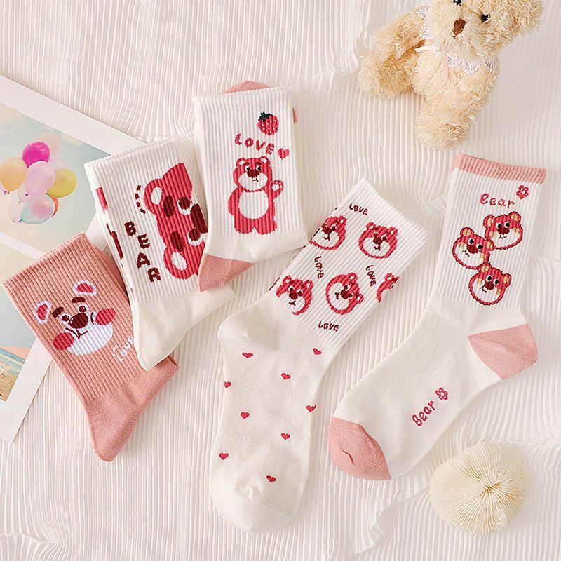 Vớ Ống Dài In Họa Tiết Gấu Hồng Dễ Thương Thời Trang Thu Đông Cho Nữ