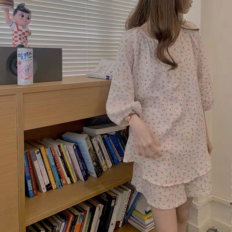 ( CÓ SẴN ) Đồ ngủ pyjama nữ ngắn xô muslin hoạ tiết cherry | BigBuy360 - bigbuy360.vn