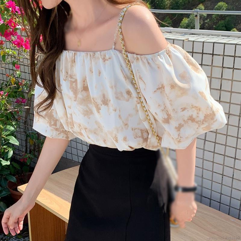 Áo Chiffon Tay Phồng Trễ Vai Màu Nhuộm Phong Cách Hàn Quốc Cho Nữ | BigBuy360 - bigbuy360.vn