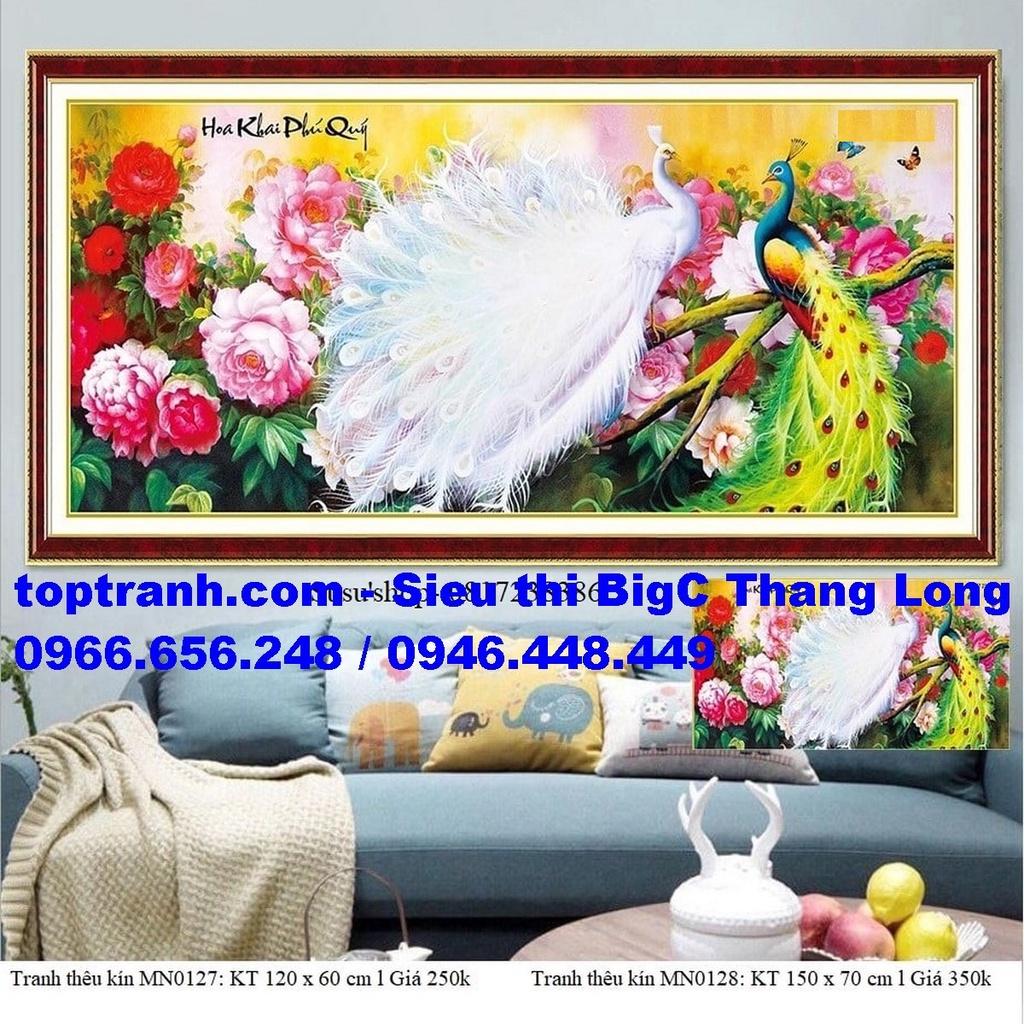 Tranh thêu chữ thập con công và hoa mẫu đơn MN0128 150x70 cm chưa thêu
