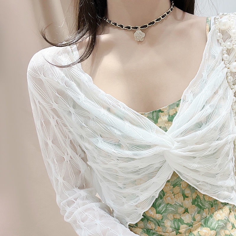 Áo Sơ Mi Chống Nắng Dáng Ngắn Lưng Cao Phối Ren Lưới Mỏng Thời Trang Kiểu Pháp Cho Nữ 7.22