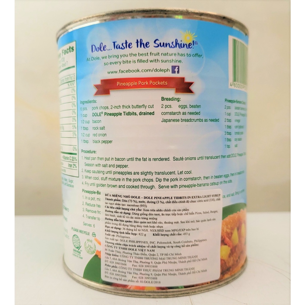 [Hộp 822g – MIẾNG NHỎ] DỨA TƯƠI NGÂM SI RÔ [Philippines] DOLE Pineapple Tidbits in Extra Light Syrup (halal)