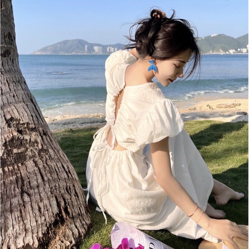 (CÓ SẴN)ĐẦM MAXI TRẮNG VÁY MAXI TRẮNG NƠ BẢN TO HỞ LƯNG HÀNG QUẢNG CHÂU