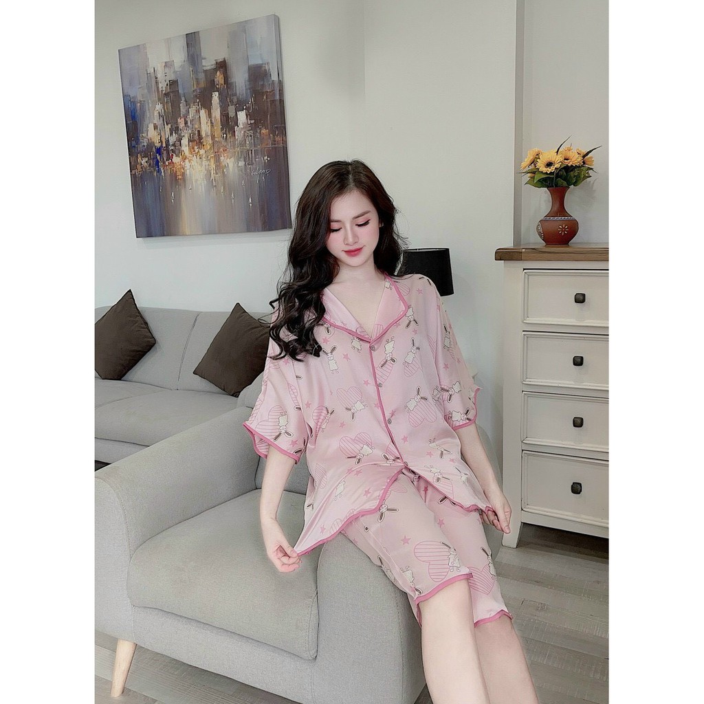 Đồ Bộ Lụa Pijama Quần Lửng Họa Tiết Mới ☘️ Chất liệu SatinĐồ Ngủ Nữ, Đồ Bộ Mặc Nhà