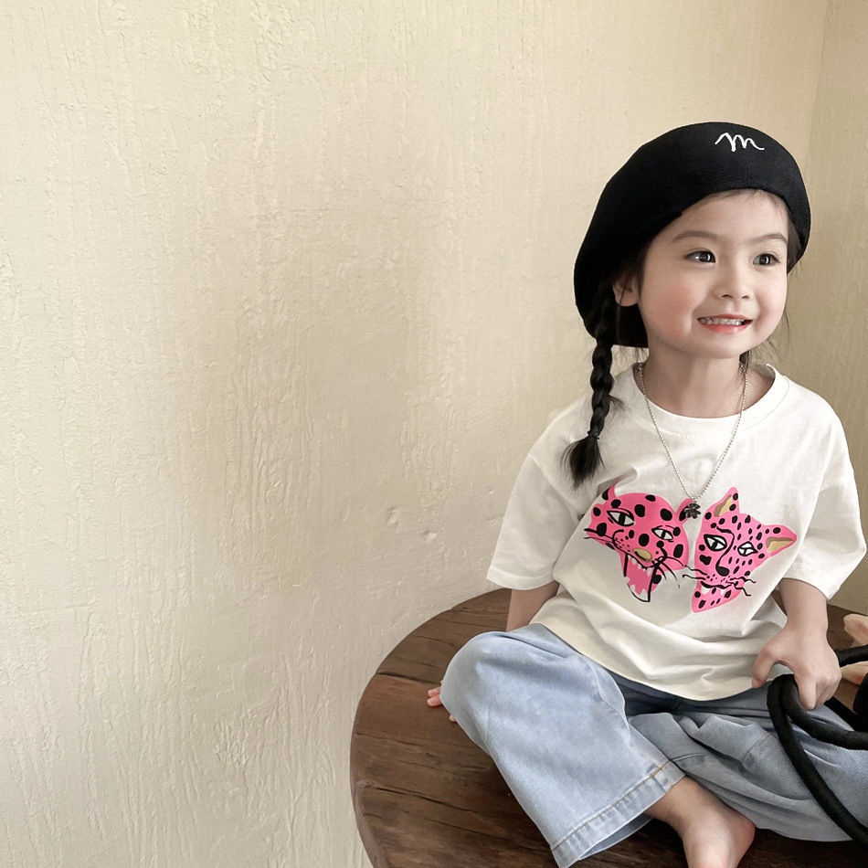 Áo Thun 100% Cotton Tay Ngắn In Họa Tiết Hoạt Hình Phong Cách Hàn Quốc Dành Cho Bé Gái